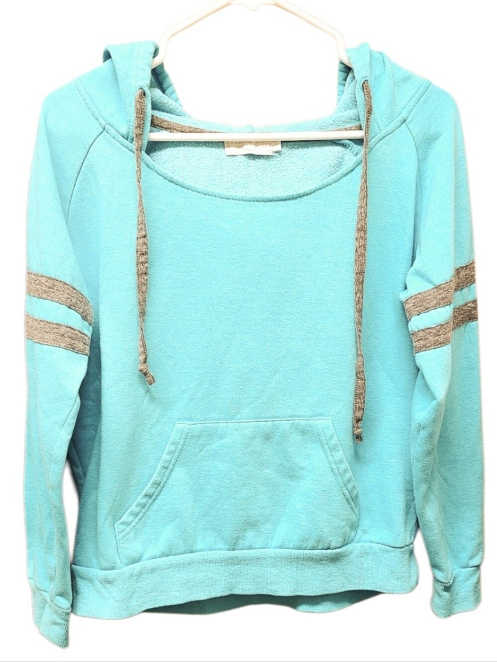 Coconut Creek Scoop Neck Varsity Pullover Hoodie Turquoise Blue Gray Stripes M